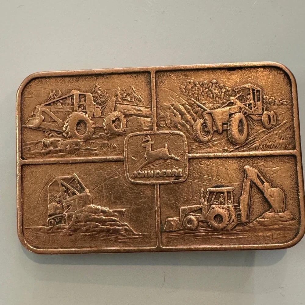 John Deere Belt Buckle‎ Vintage Copper Heavy Duty Farm Equipment Scenes